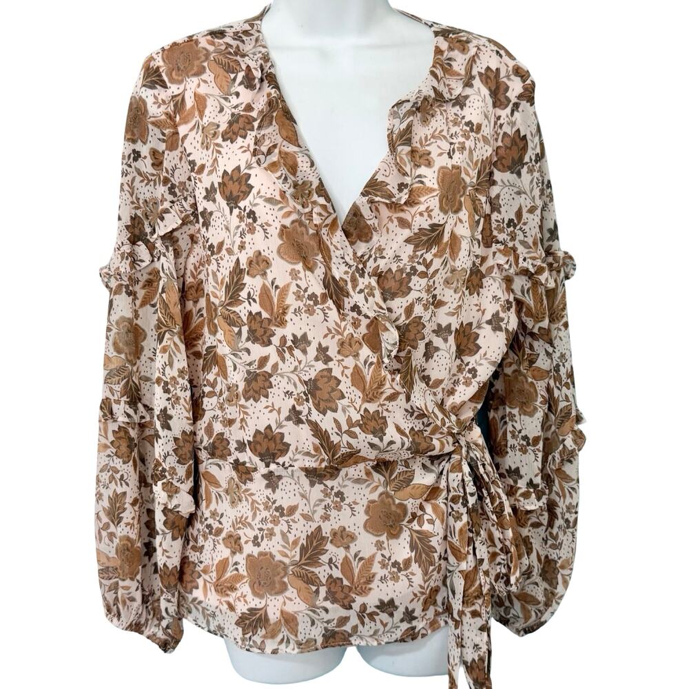 CeCe Cream Tan Fall Floral Leaves Ruffle Long Sleeve Tie Waist Wrap Top size L